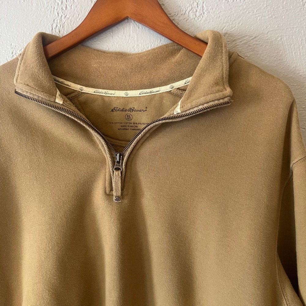 Eddie Bauer Mens XL Tall Tan Khaki Fleece Quarter Zip Pullover Elbow Patches